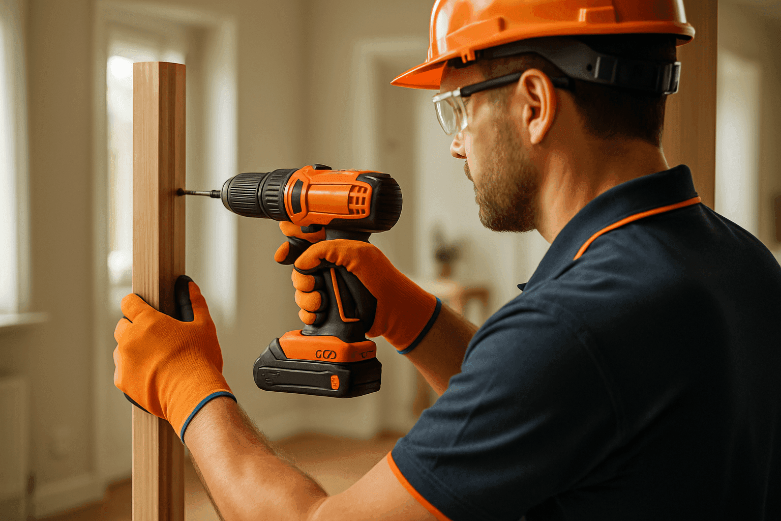 Handyman in PPE using cordless drill on wooden doorframe inside bright home