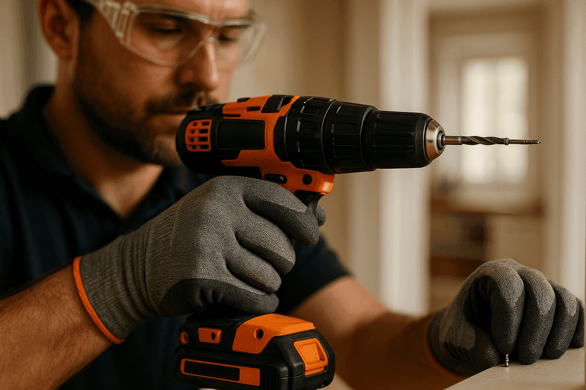 Close-up of handyman hands with gloves using cordless drill in tidy home interior