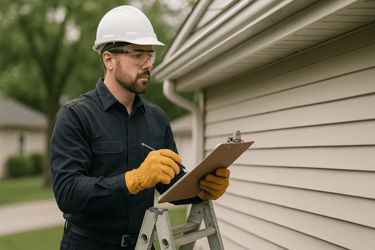 Technician inspecting exterior siding and gutters of a home with clipboard