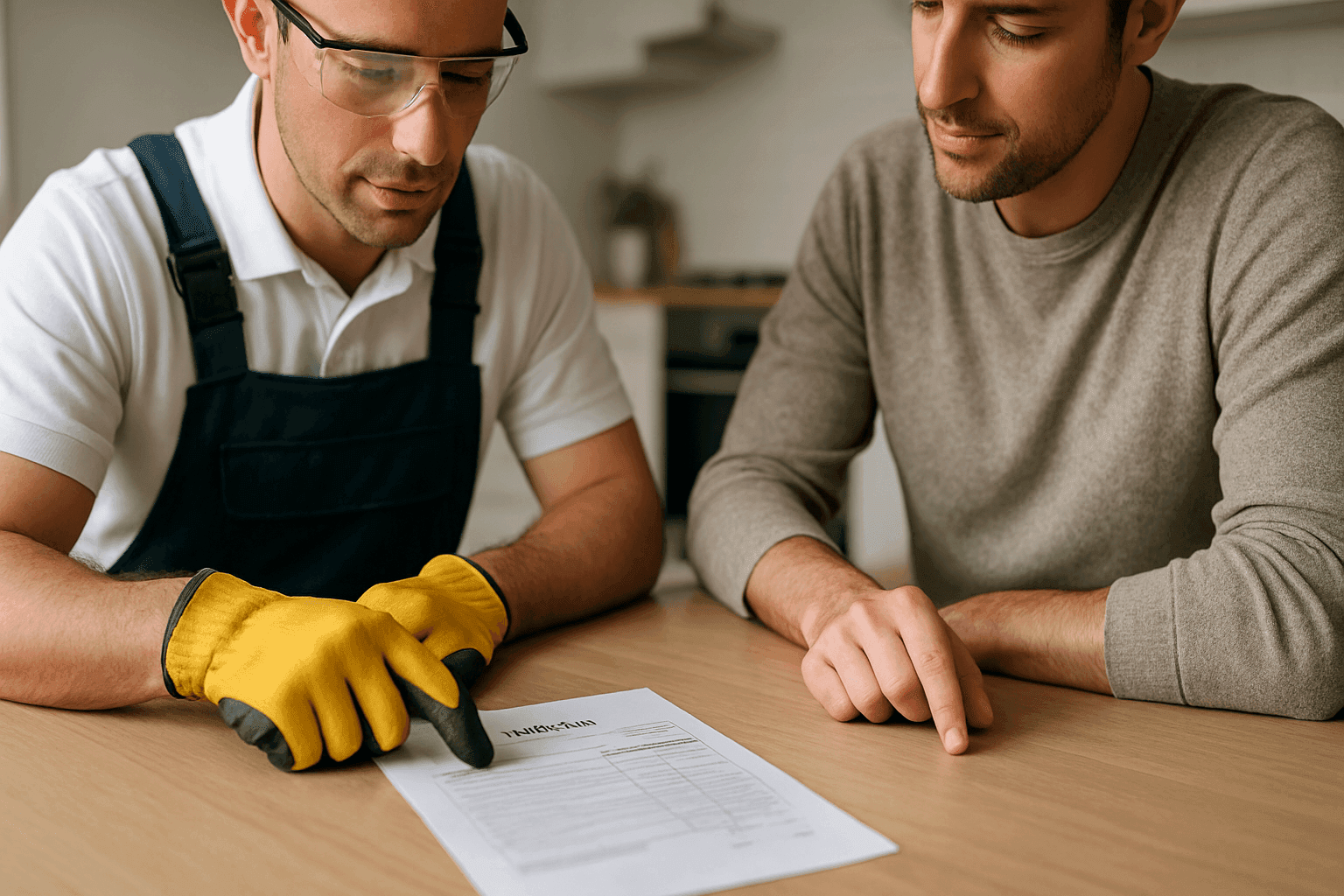 Handyman reviewing a transparent estimate with a homeowner at a kitchen table